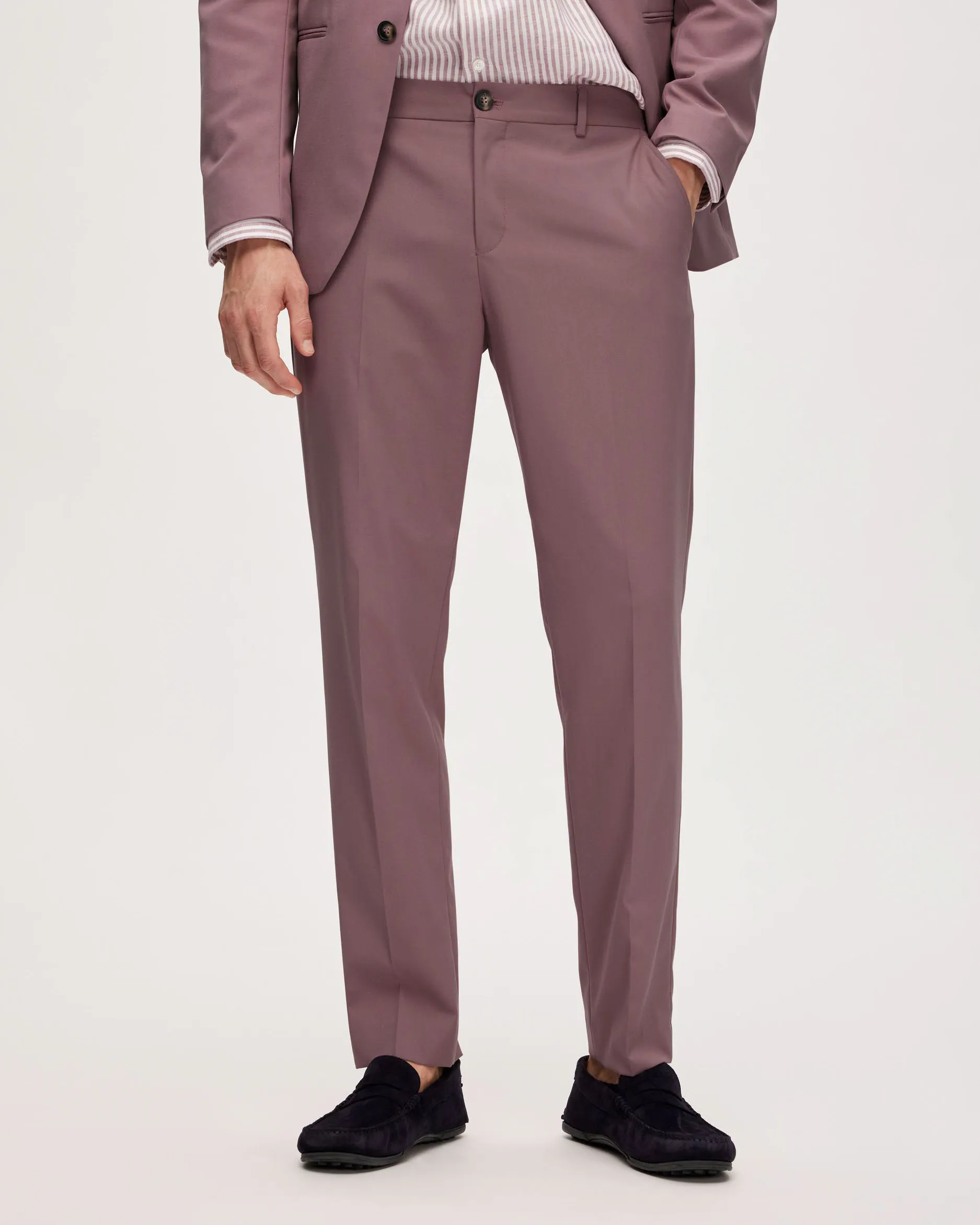 Pantaloni slim rosa antico in tela di misto viscosa stretch con piega stirata