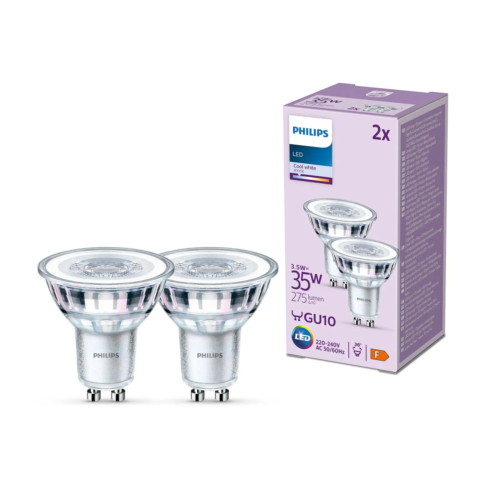 Philips Lampadina LED GU10 3,5W 275lm 840 chiaro 36° 2pcs