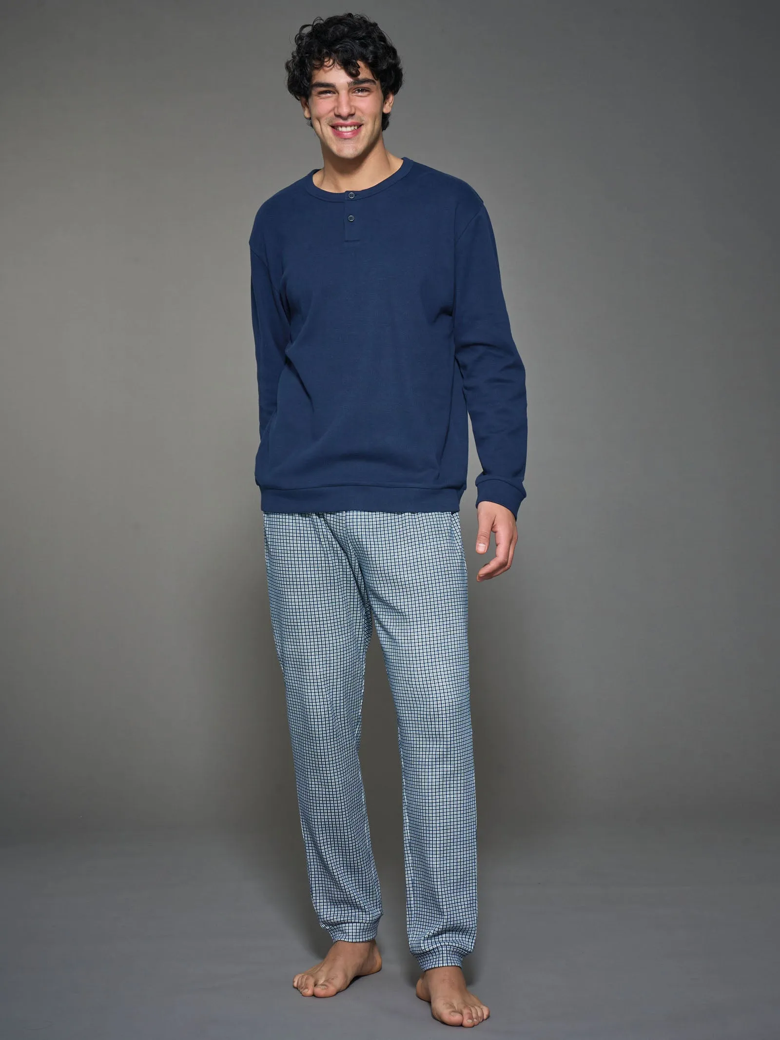Pigiama a serafino in interlock di caldo cotone - Fant. Navy Blazer