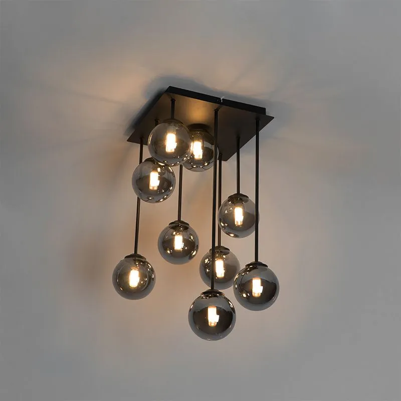 Plafoniera moderna nera a 9 luci con vetro fumé - Atene