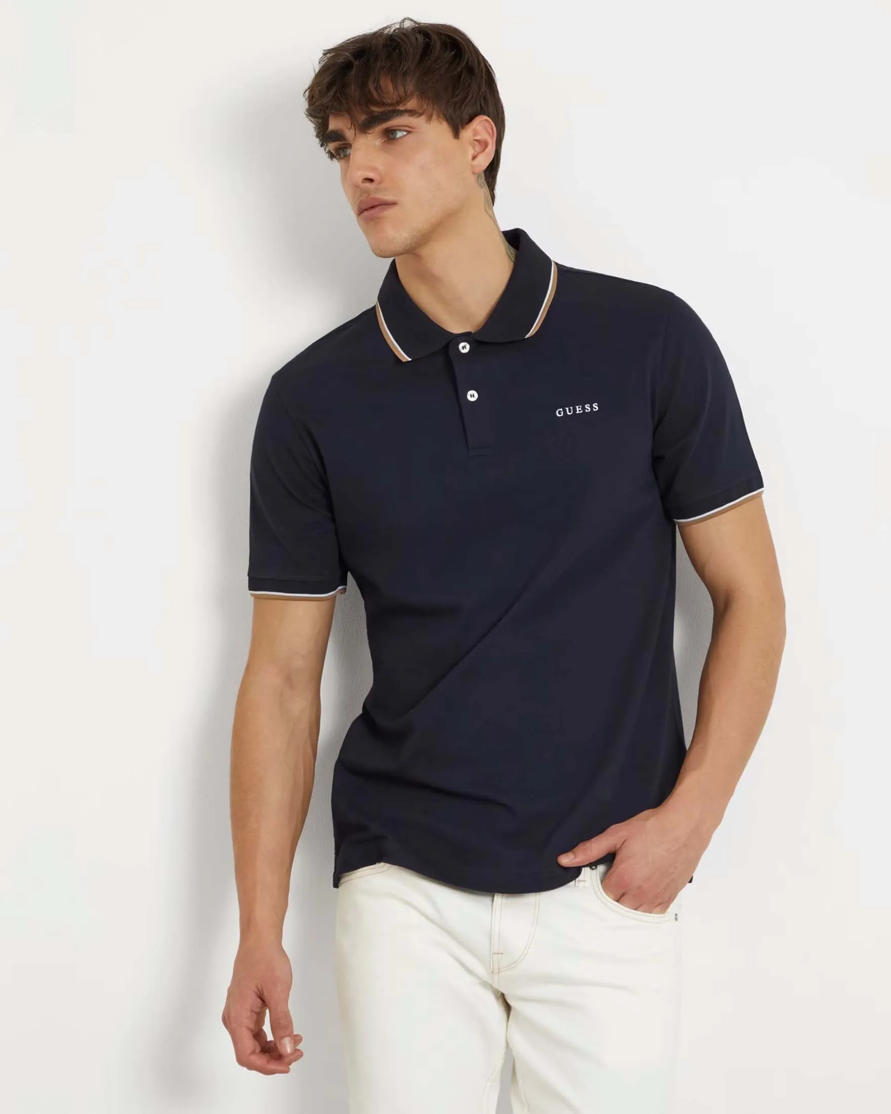 Polo blu mezza manica in jersey di cotone stretch con bordino in contrasto
