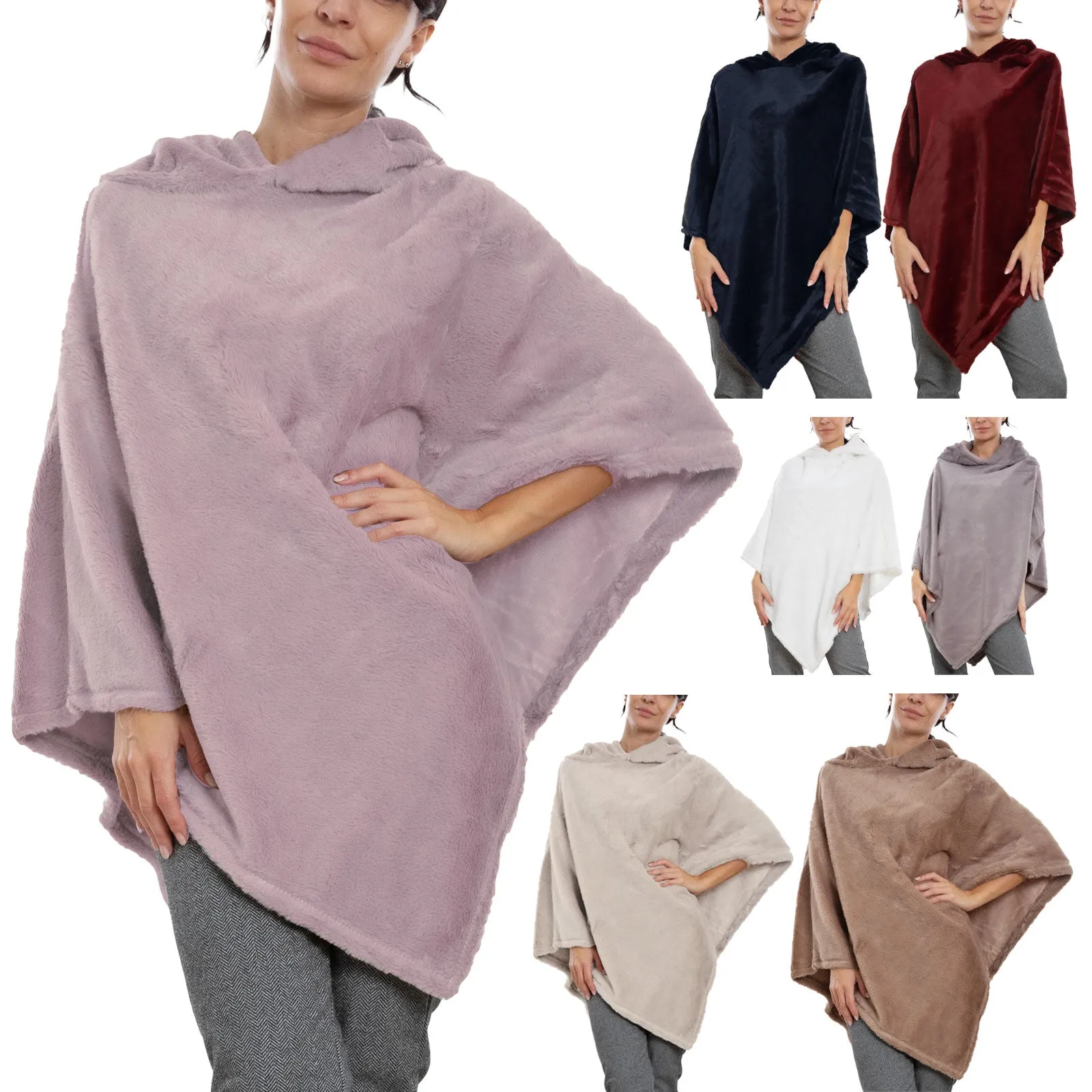 Poncho Donna Mantella Eco Pelliccia Cappuccio Xsd-708
