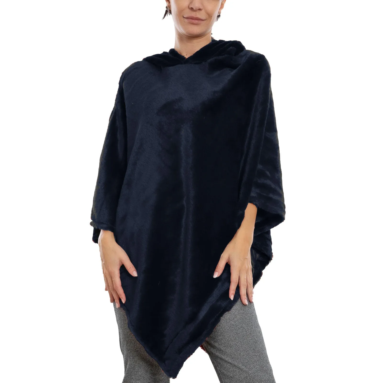 Poncho Donna Mantella Eco Pelliccia Cappuccio Xsd-708