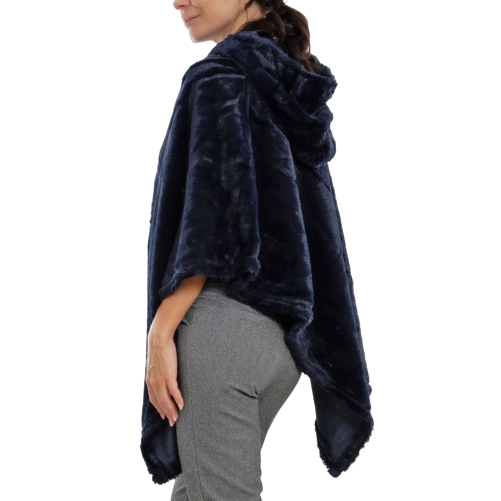 Poncho Donna Mantella Eco Pelliccia Cappuccio Xsd-708