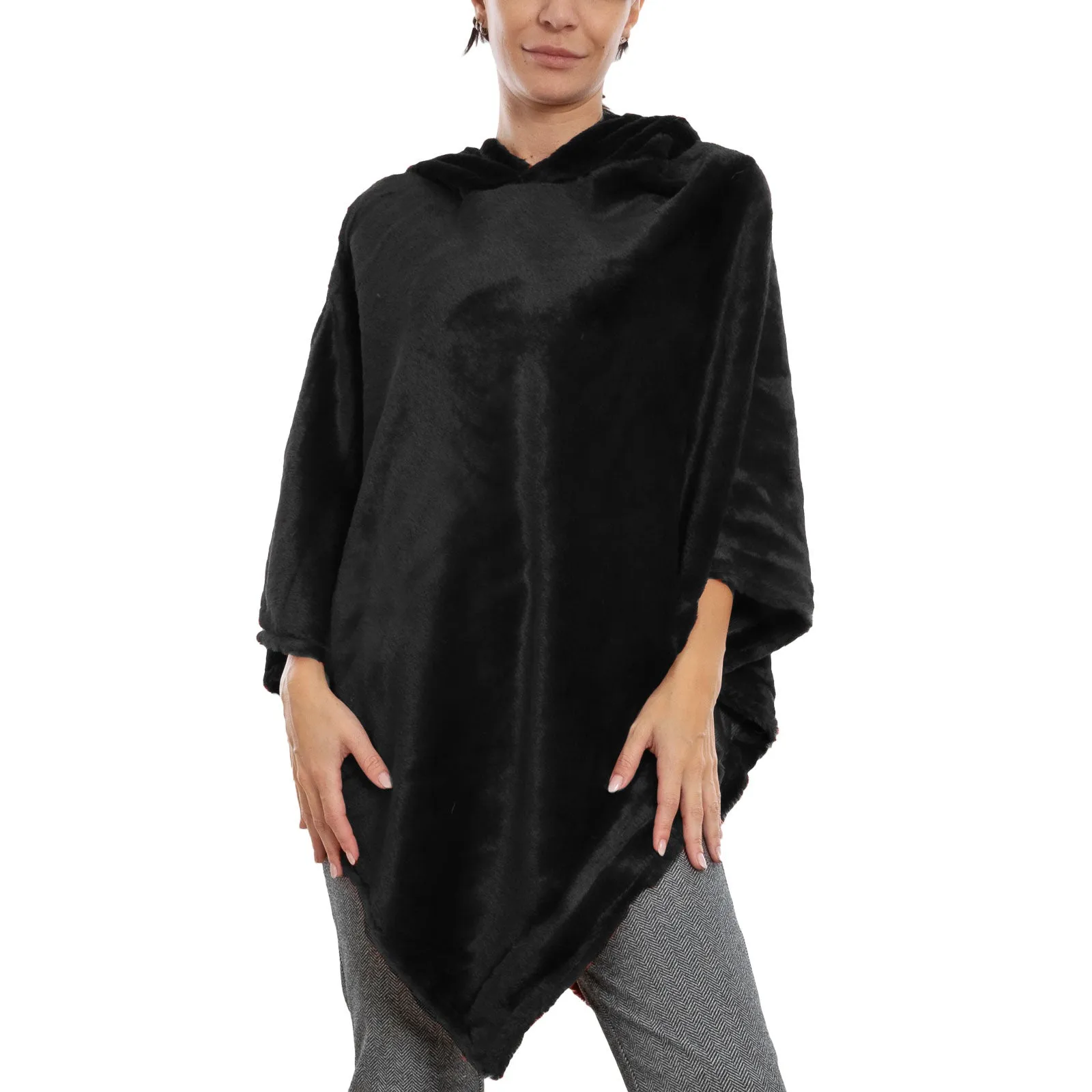 Poncho Donna Mantella Eco Pelliccia Cappuccio Xsd-708