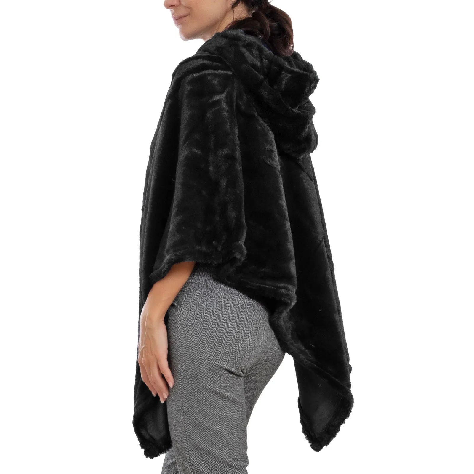 Poncho Donna Mantella Eco Pelliccia Cappuccio Xsd-708