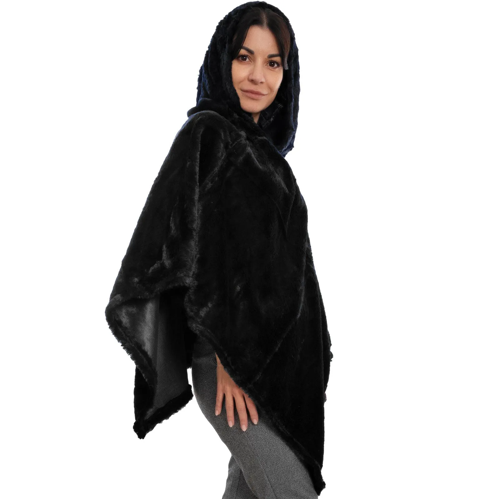 Poncho Donna Mantella Eco Pelliccia Cappuccio Xsd-708