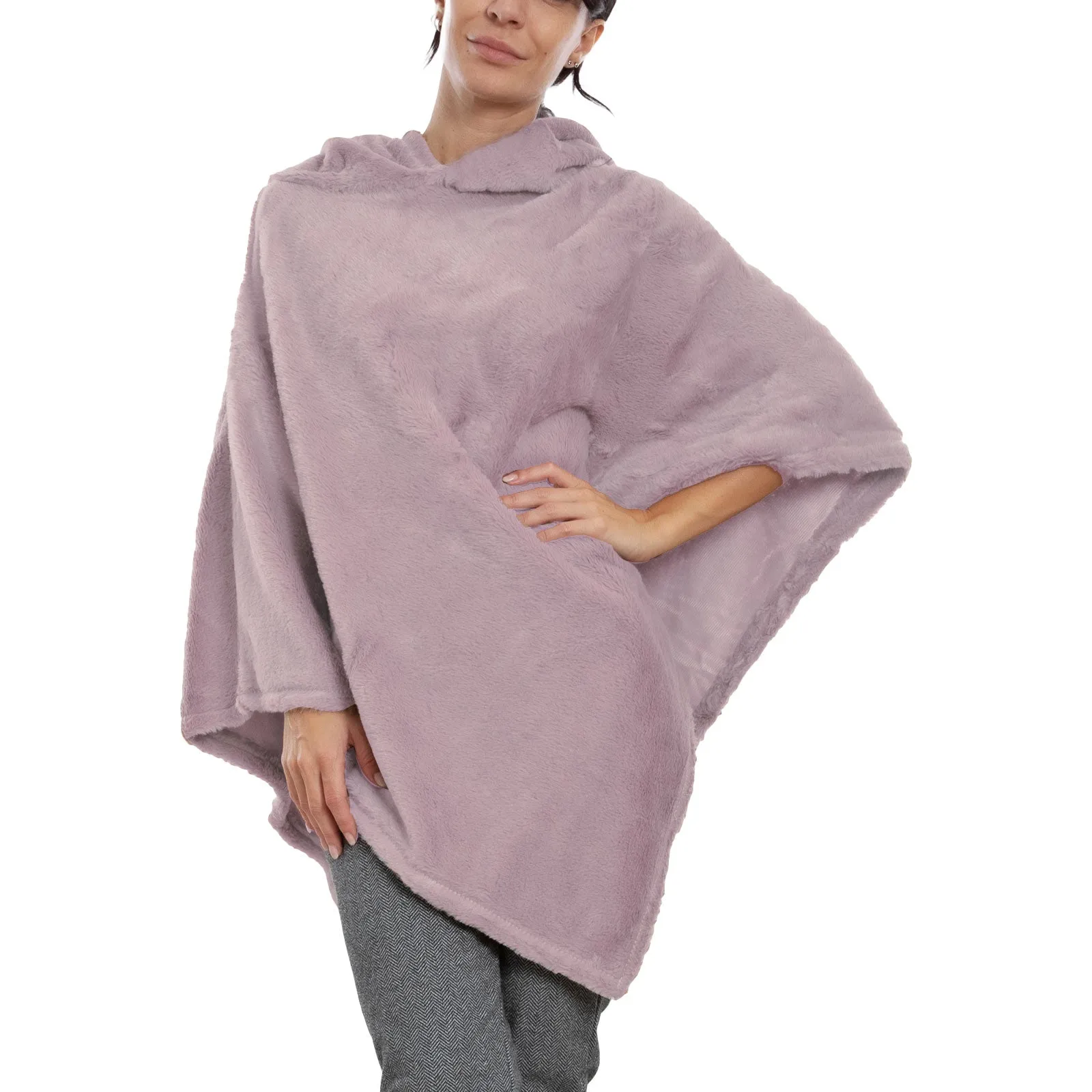 Poncho Donna Mantella Eco Pelliccia Cappuccio Xsd-708