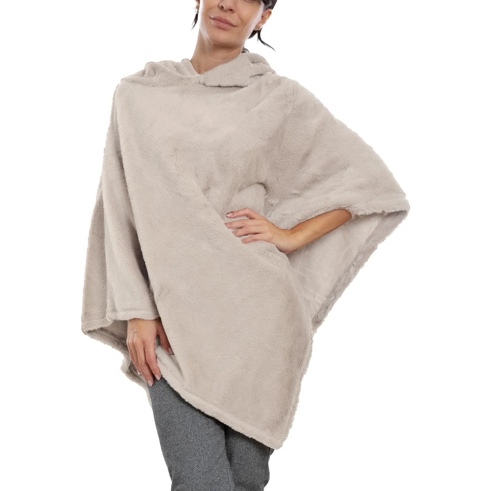 Poncho Donna Mantella Eco Pelliccia Cappuccio Xsd-708