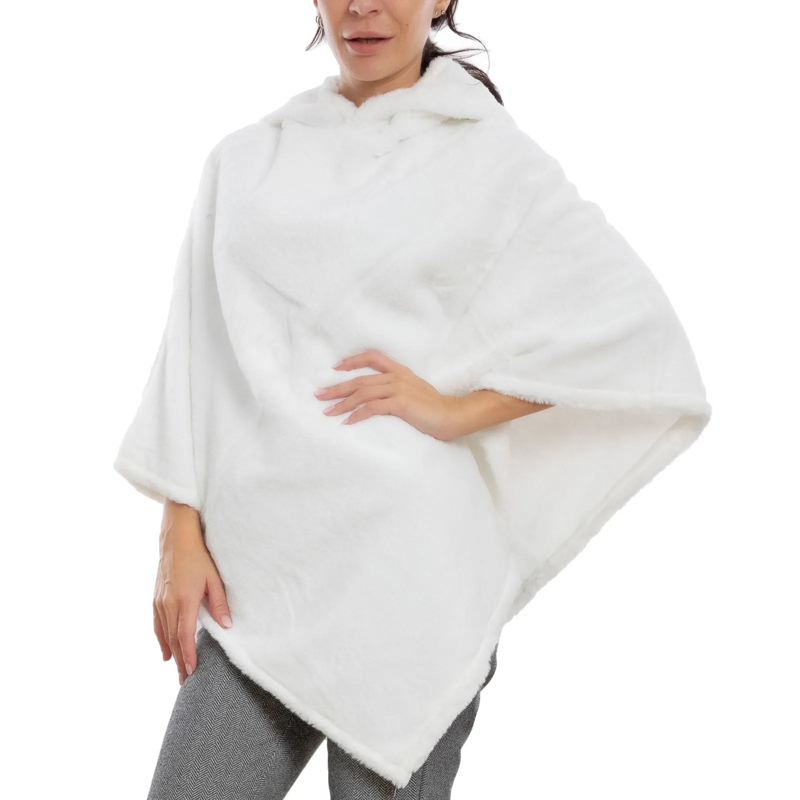 Poncho Donna Mantella Eco Pelliccia Cappuccio Xsd-708