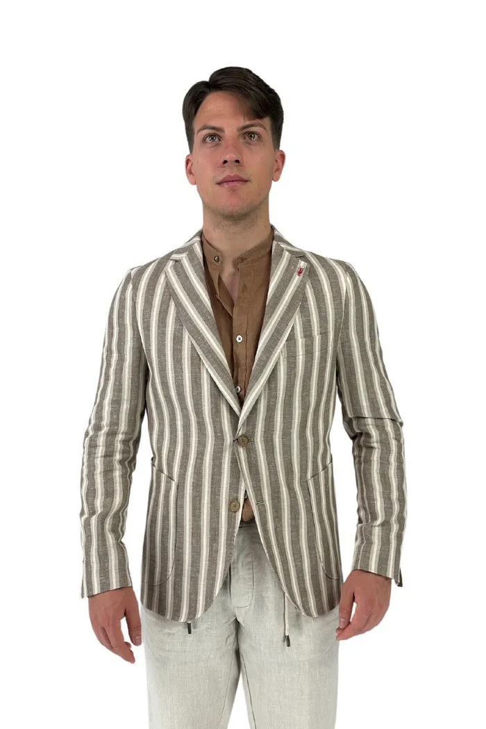 Privat Fashion giacca monopetto a righe in misto lino e cotone Crema-gks700
