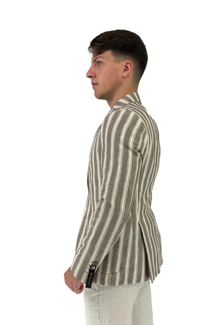 Privat Fashion giacca monopetto a righe in misto lino e cotone Crema-gks700