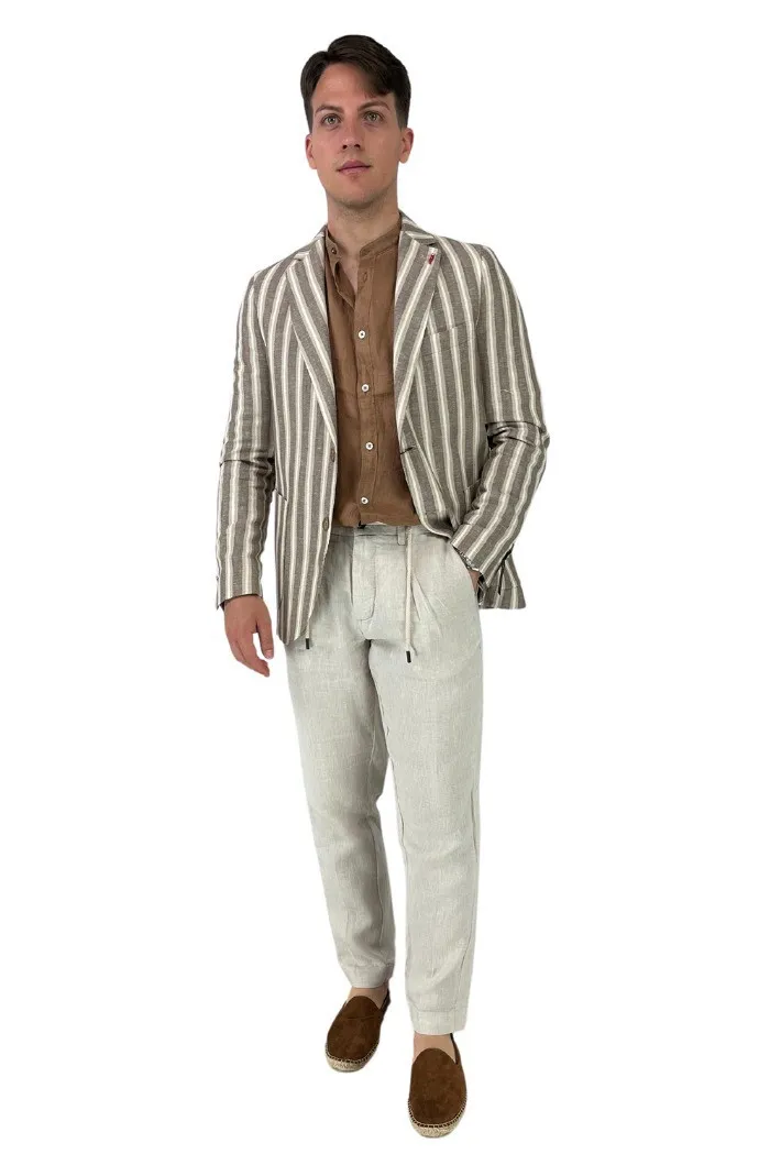 Privat Fashion giacca monopetto a righe in misto lino e cotone Crema-gks700