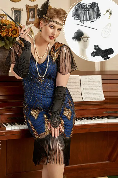Royal Blue Plus Size 1920s Gatsby Dress con set di accessori anni '20