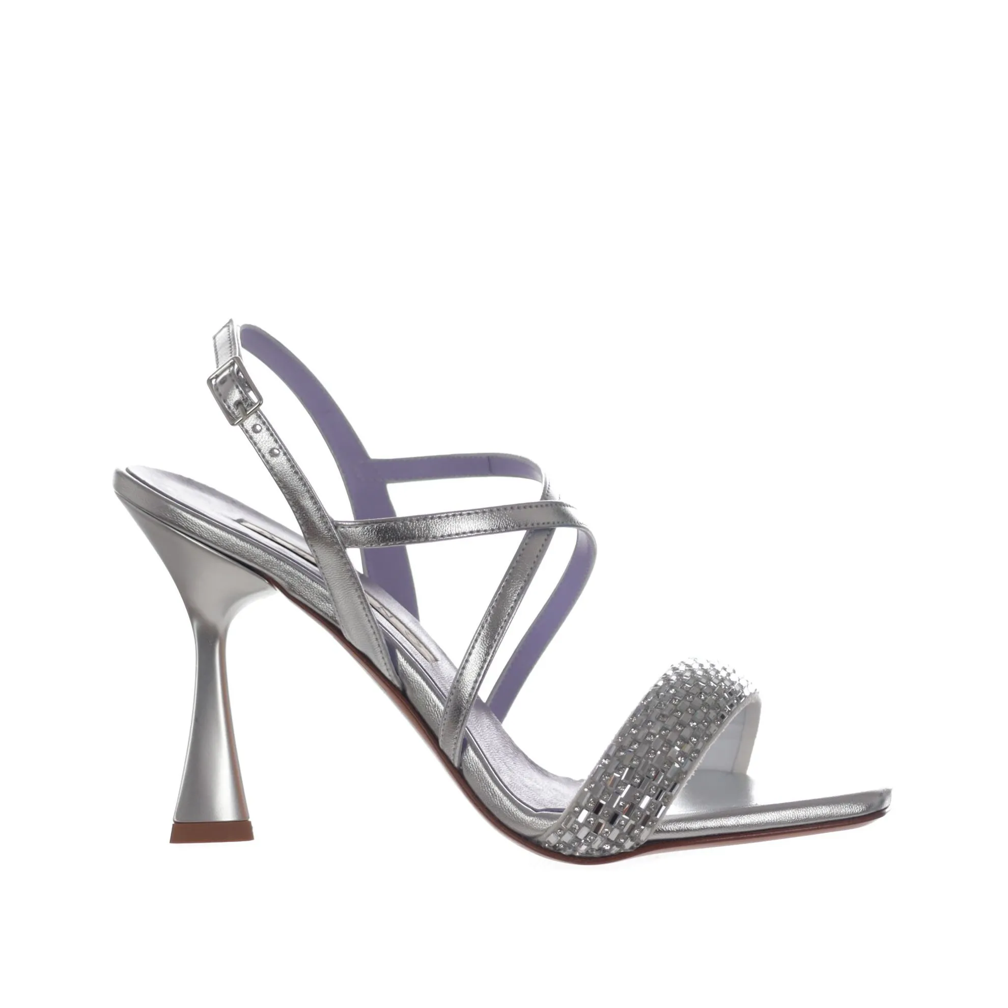 Sandalo in pelle metallizzata con strass