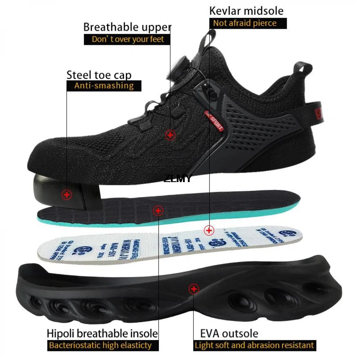 Scarpe antinfortunistiche leggere con punta in acciaio Sneaker da lavoro da uomo Pulsante ruotato Stivali antinfortunistici da l