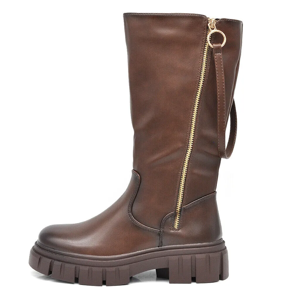 Scarpe Da Donna Stivali Motociclista Biker Doppio Zip Cerniera Platform 6630