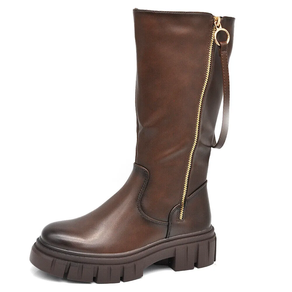 Scarpe Da Donna Stivali Motociclista Biker Doppio Zip Cerniera Platform 6630