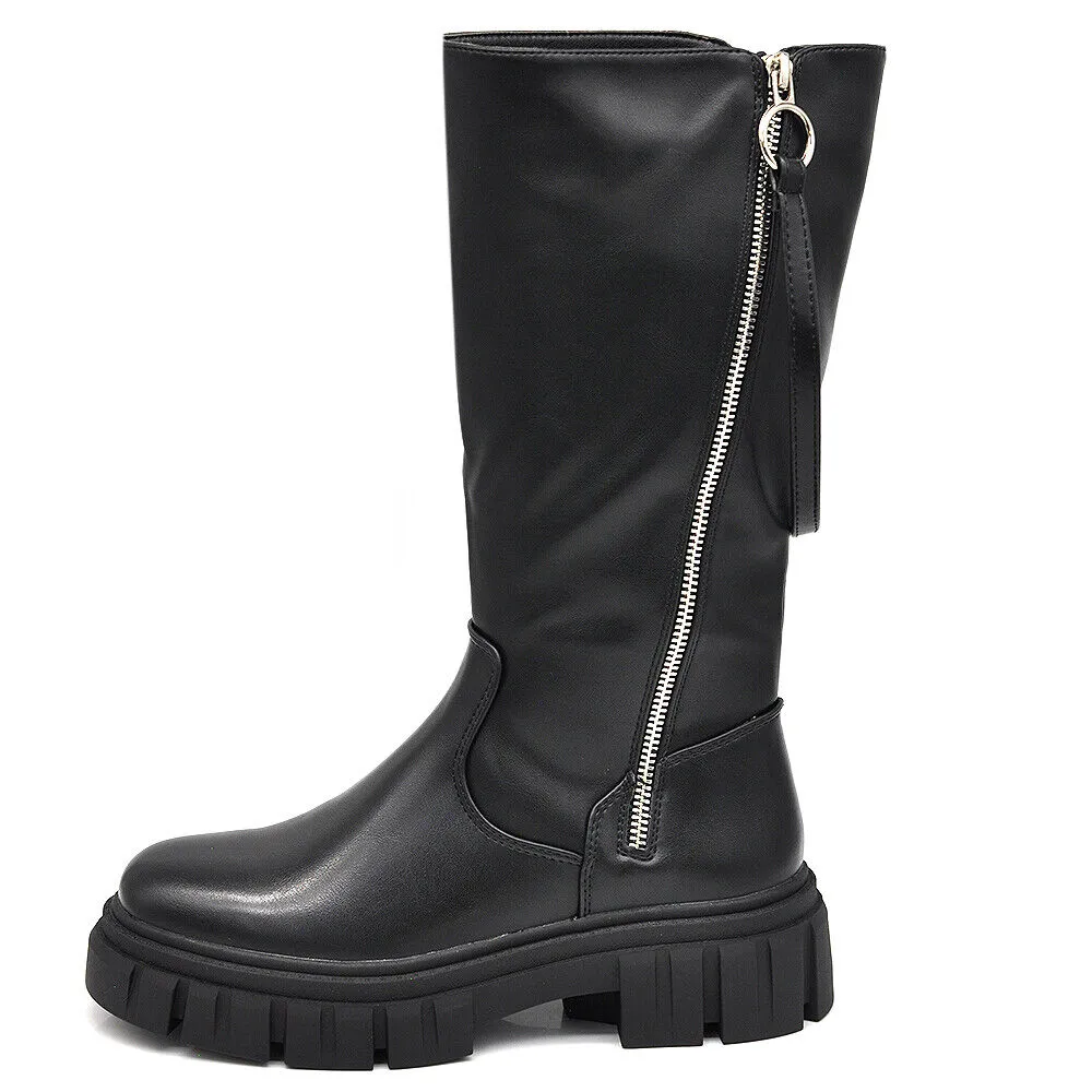 Scarpe Da Donna Stivali Motociclista Biker Doppio Zip Cerniera Platform 6630