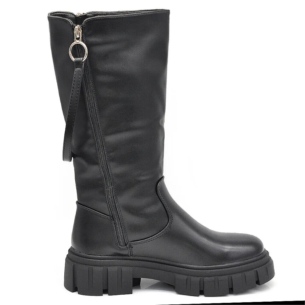 Scarpe Da Donna Stivali Motociclista Biker Doppio Zip Cerniera Platform 6630
