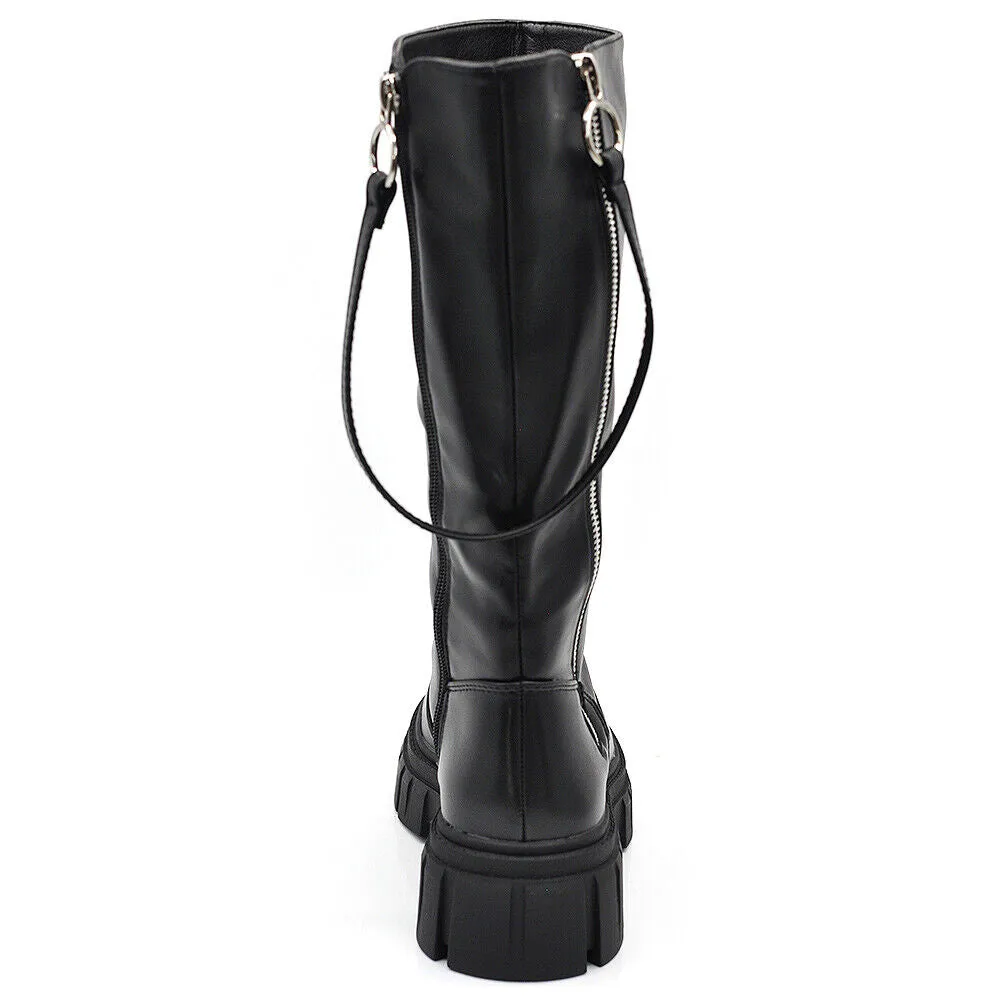 Scarpe Da Donna Stivali Motociclista Biker Doppio Zip Cerniera Platform 6630