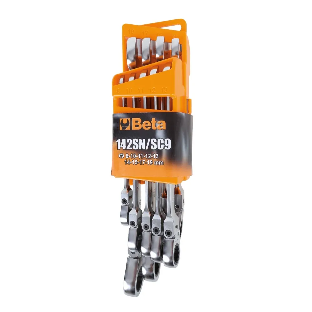Serie di 9 chiavi combinate a cricchetto snodate con supporto compatto - Beta 142SN/SC9