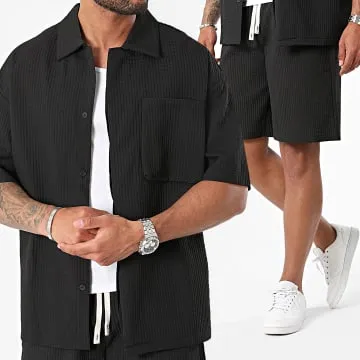 Set camicia nera a maniche corte e pantaloncini da jogging
