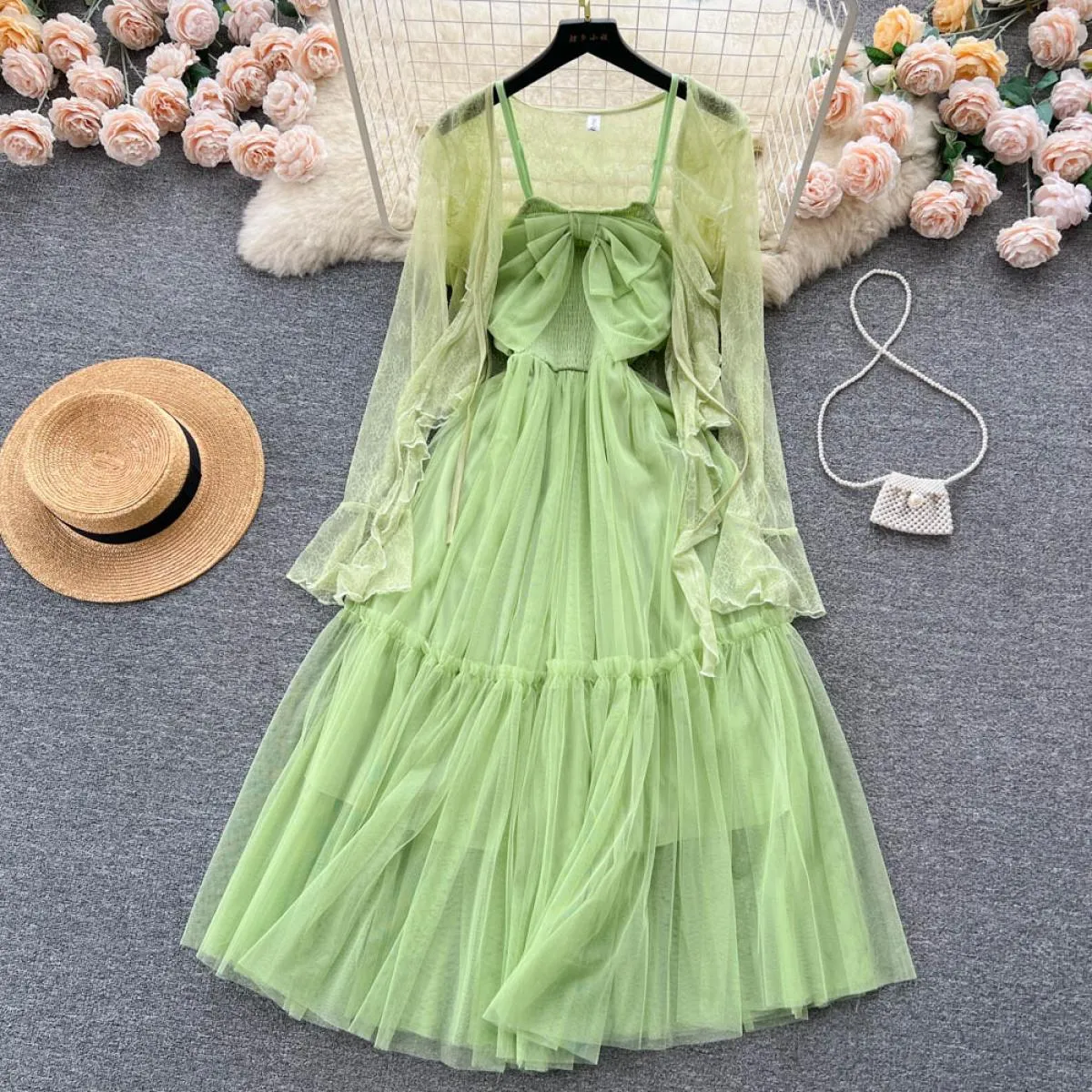 Set di abiti eleganti estivi per donna cappotto in pizzo sottile a maniche lunghe + fiocco con cinturino per spaghetti abito mid