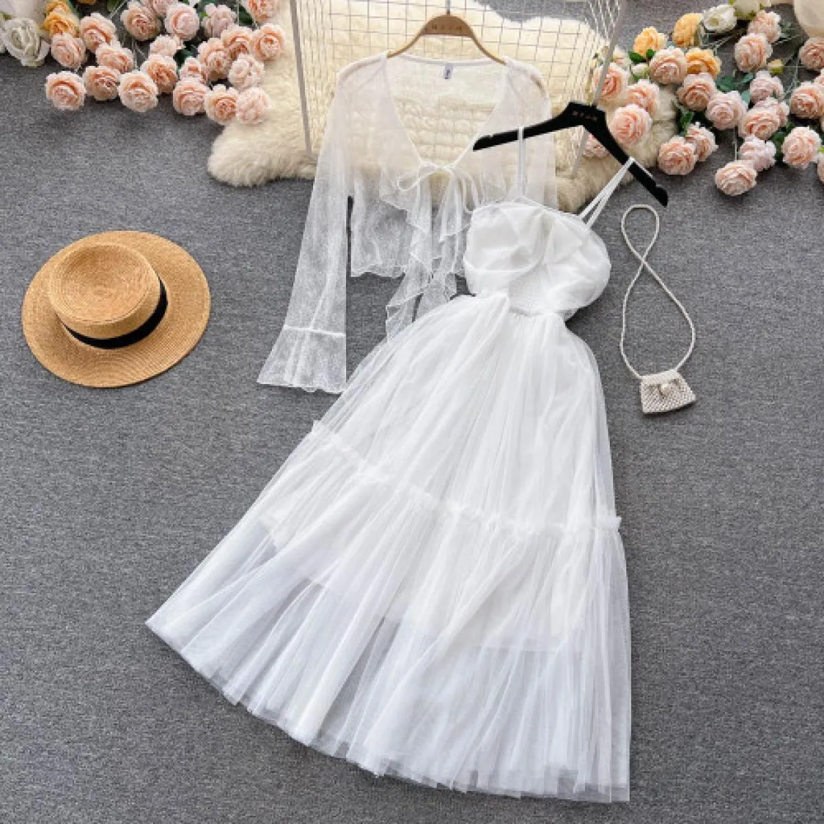 Set di abiti eleganti estivi per donna cappotto in pizzo sottile a maniche lunghe + fiocco con cinturino per spaghetti abito mid