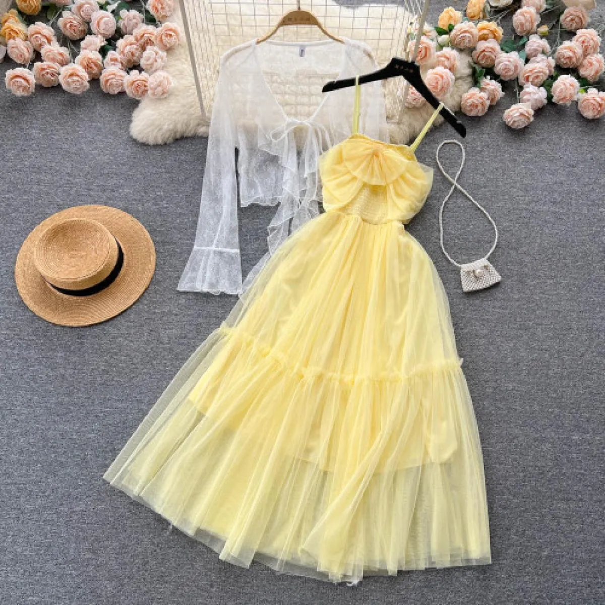 Set di abiti eleganti estivi per donna cappotto in pizzo sottile a maniche lunghe + fiocco con cinturino per spaghetti abito mid