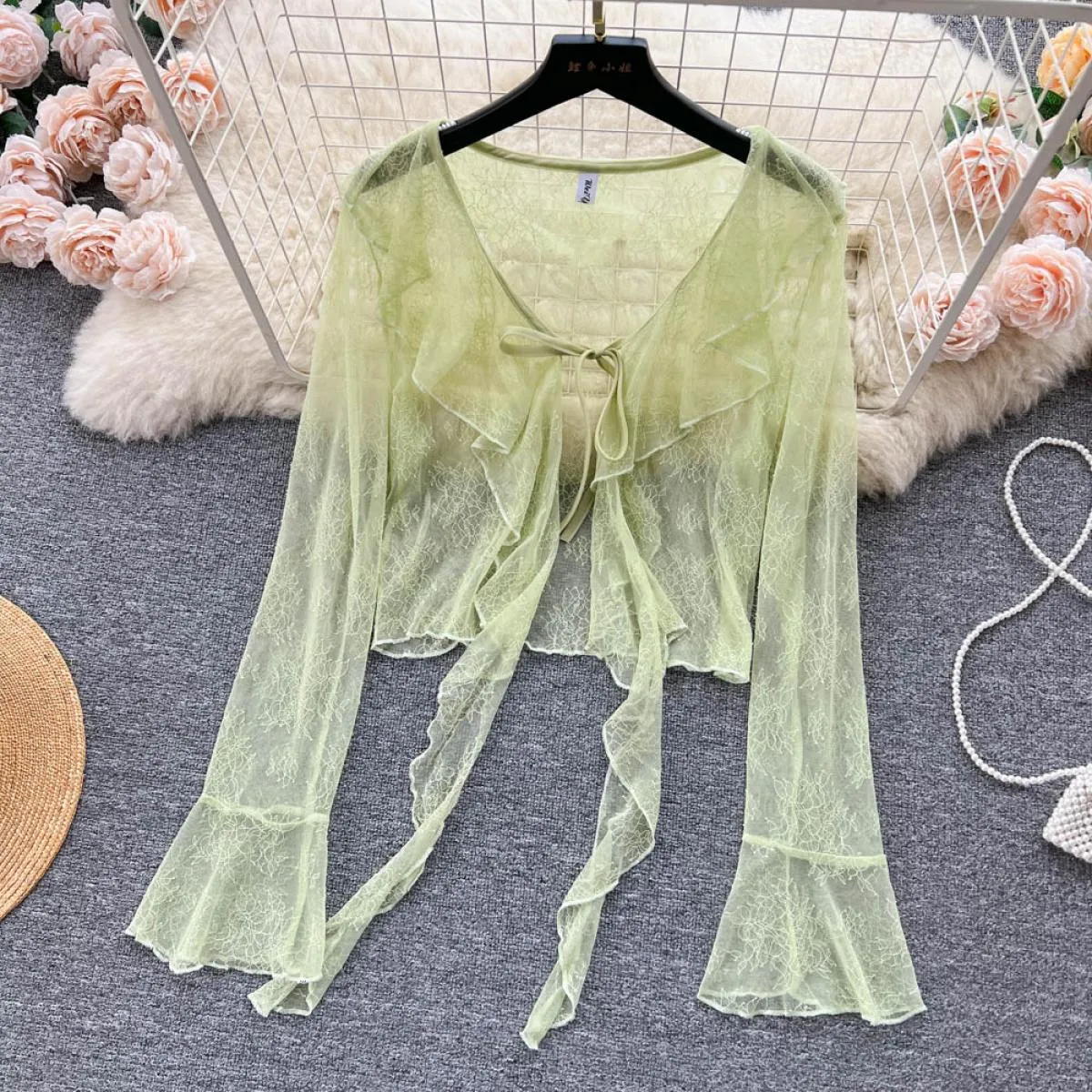 Set di abiti eleganti estivi per donna cappotto in pizzo sottile a maniche lunghe + fiocco con cinturino per spaghetti abito mid