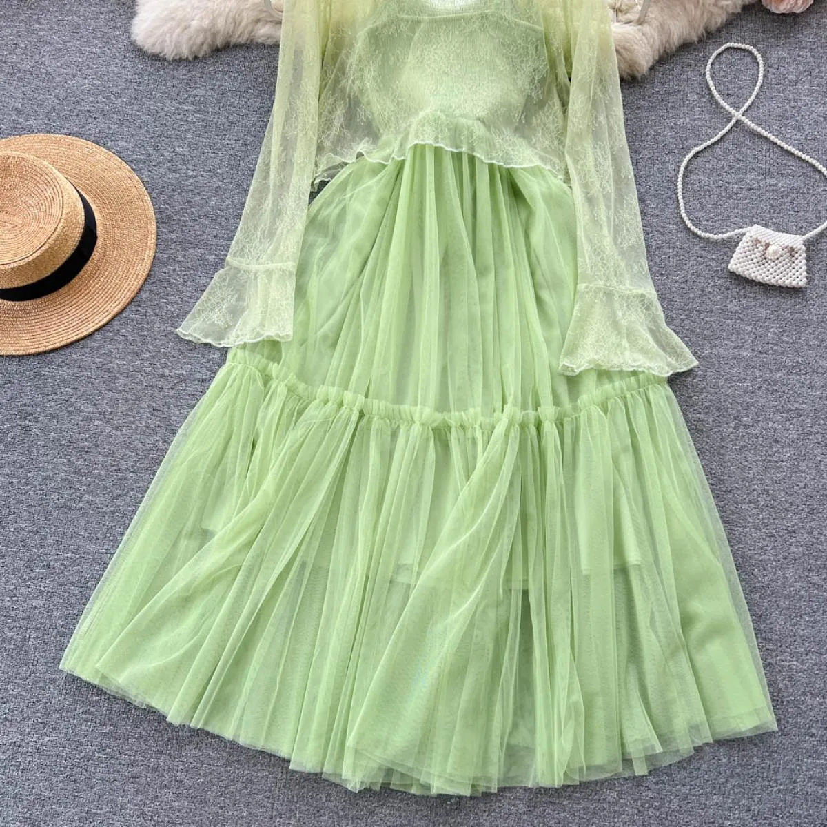 Set di abiti eleganti estivi per donna cappotto in pizzo sottile a maniche lunghe + fiocco con cinturino per spaghetti abito mid