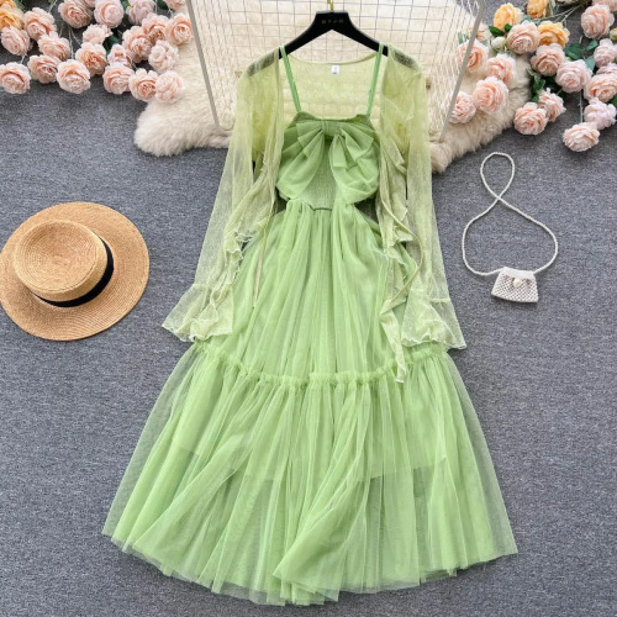 Set di abiti eleganti estivi per donna cappotto in pizzo sottile a maniche lunghe + fiocco con cinturino per spaghetti abito mid
