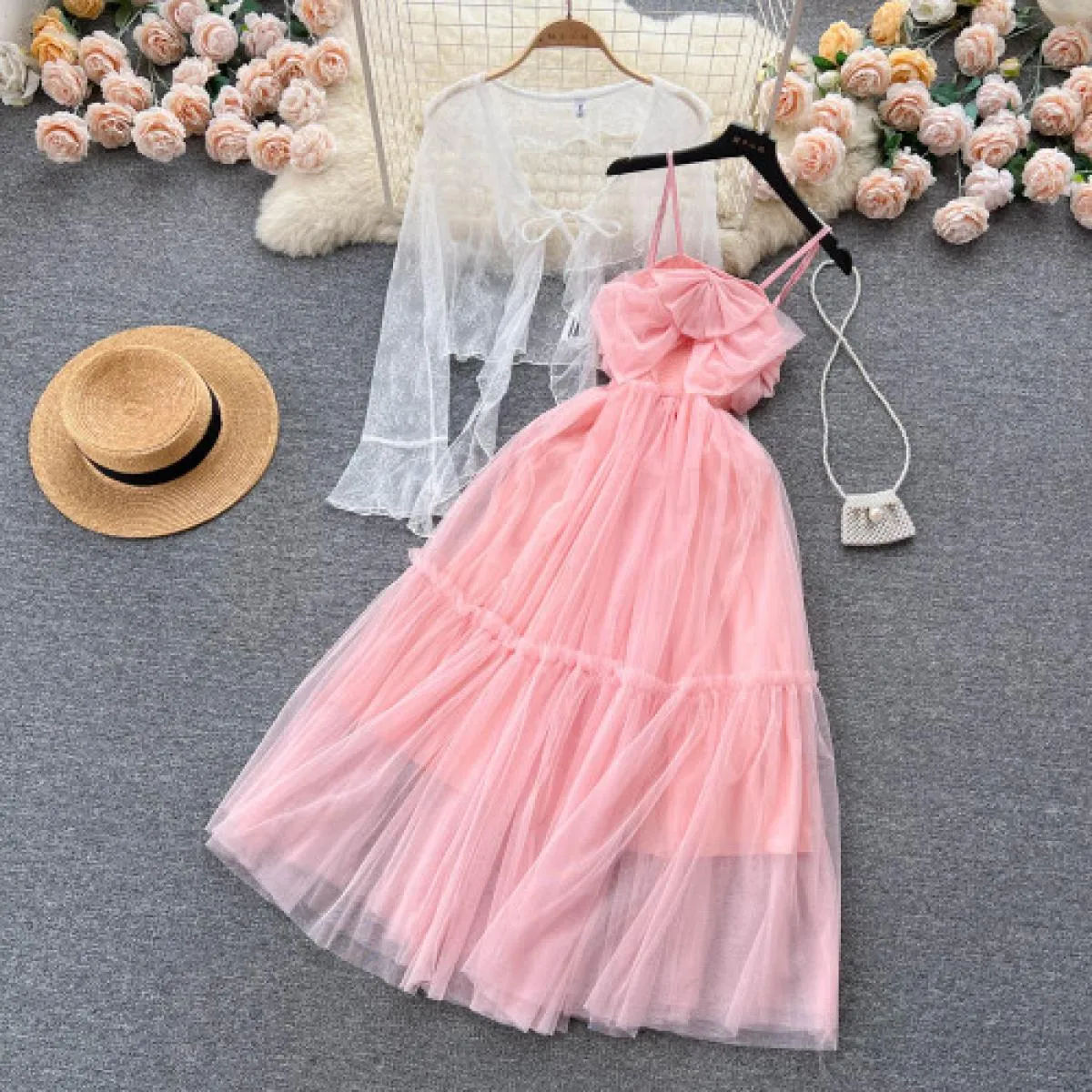 Set di abiti eleganti estivi per donna cappotto in pizzo sottile a maniche lunghe + fiocco con cinturino per spaghetti abito mid