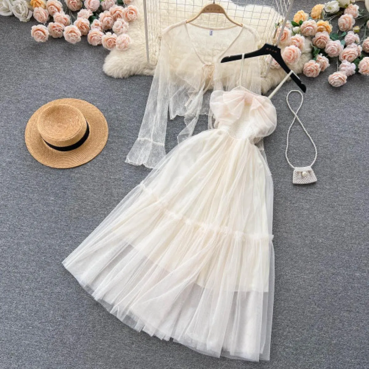 Set di abiti eleganti estivi per donna cappotto in pizzo sottile a maniche lunghe + fiocco con cinturino per spaghetti abito mid