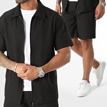 Set di camicia nera a maniche corte e pantaloncini Chino