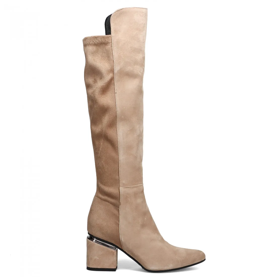 Stivale sopra al ginocchio in suede biscotto con gambale elasticizzato e tacco medio