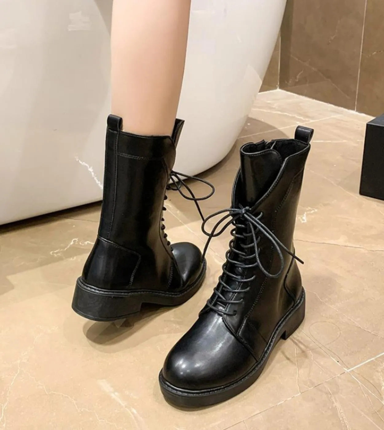 Stivali a metà polpaccio donna 2022 Nuovi stivali autunno inverno Moda donna Lace Up Fashion Zipper Botas Mujer Platform Heel La