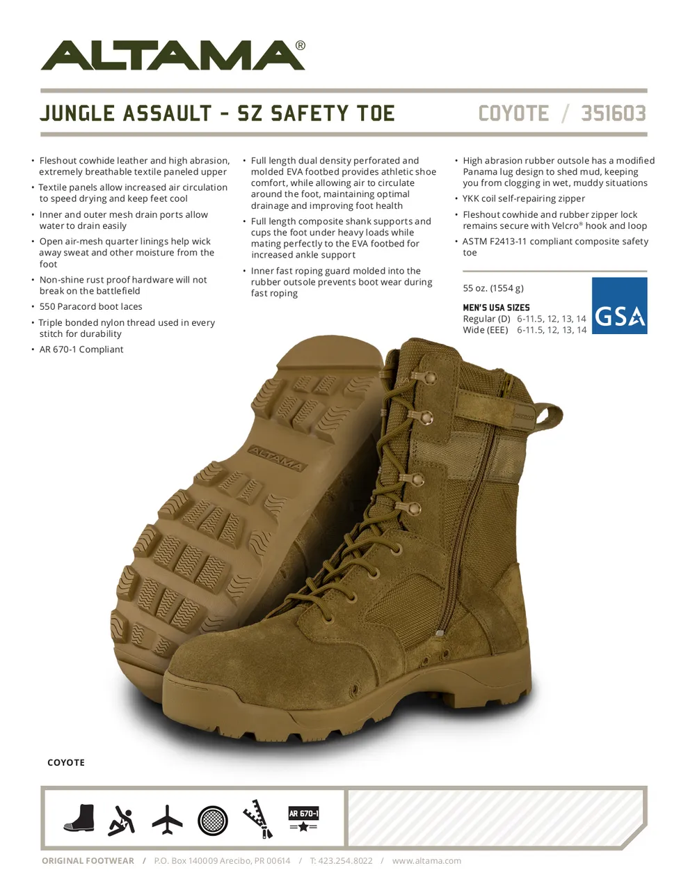 Stivali Altama Jungle Assault con punta di sicurezza con zip laterale marrone coyote ar 670-1 conformi