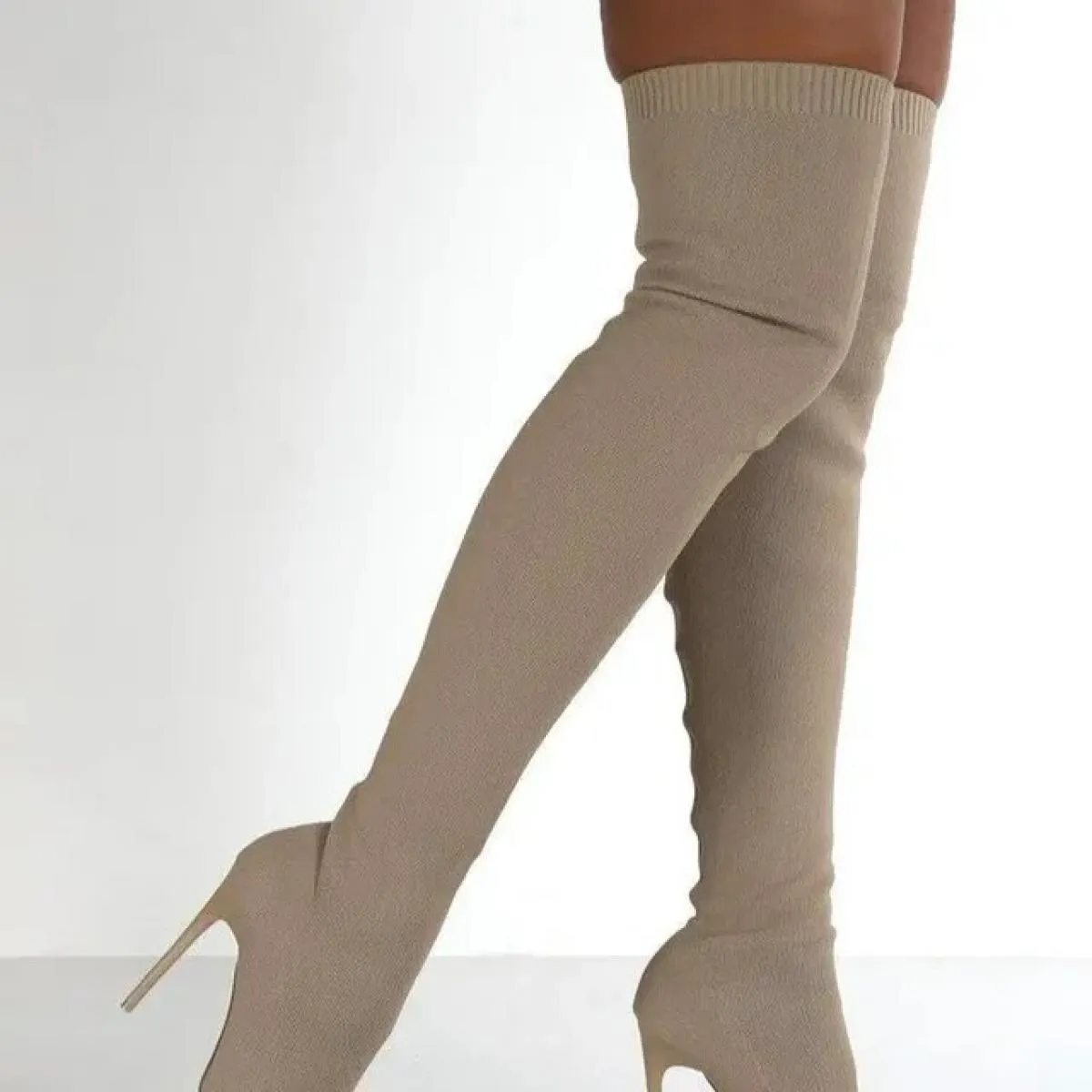 Stivali da festa Scarpe alla moda in pelle scamosciata da donna sopra il ginocchio con tacco elasticizzato floccato invernale