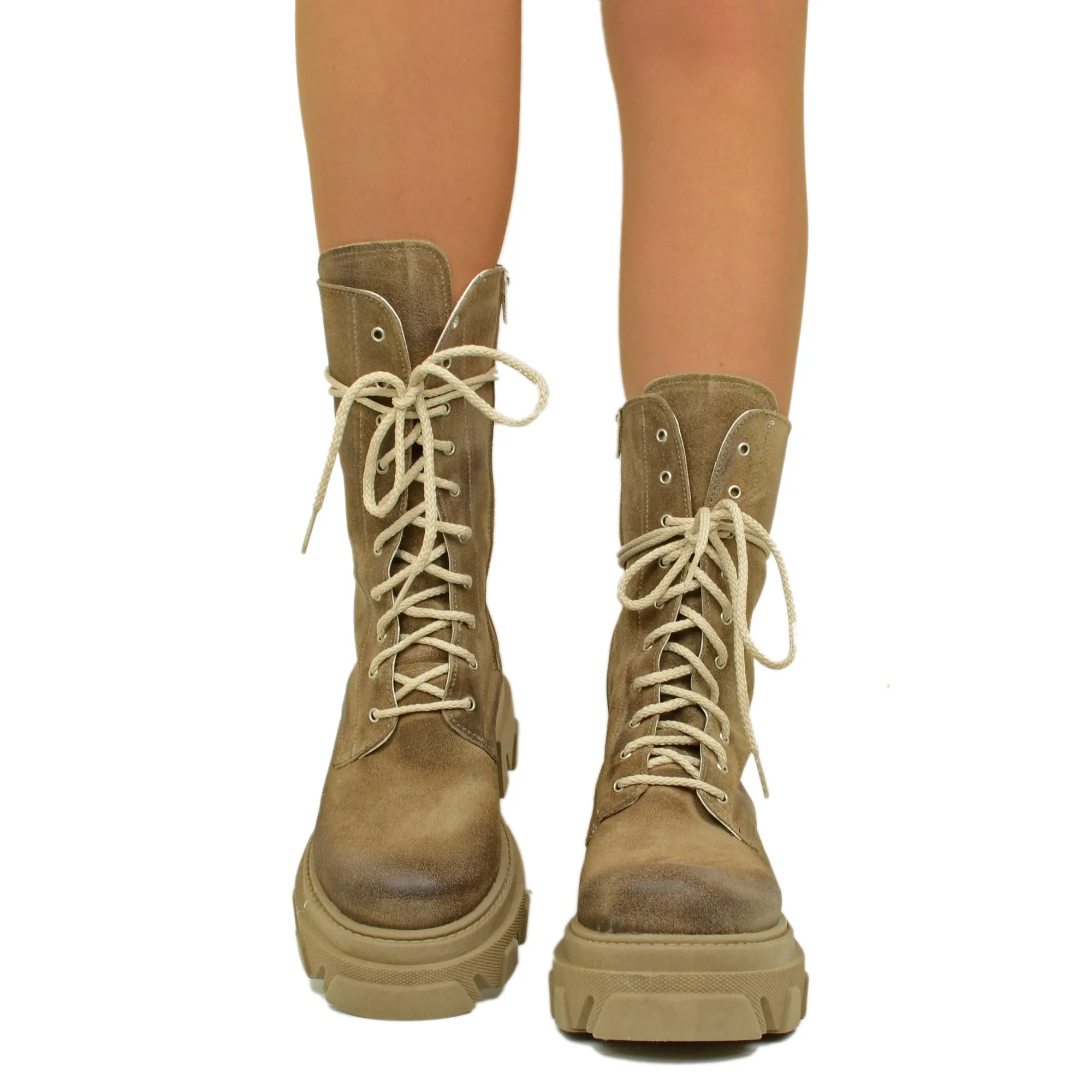Stivali Donna Beige in Pelle Scamosciata con Zip Made in Italy