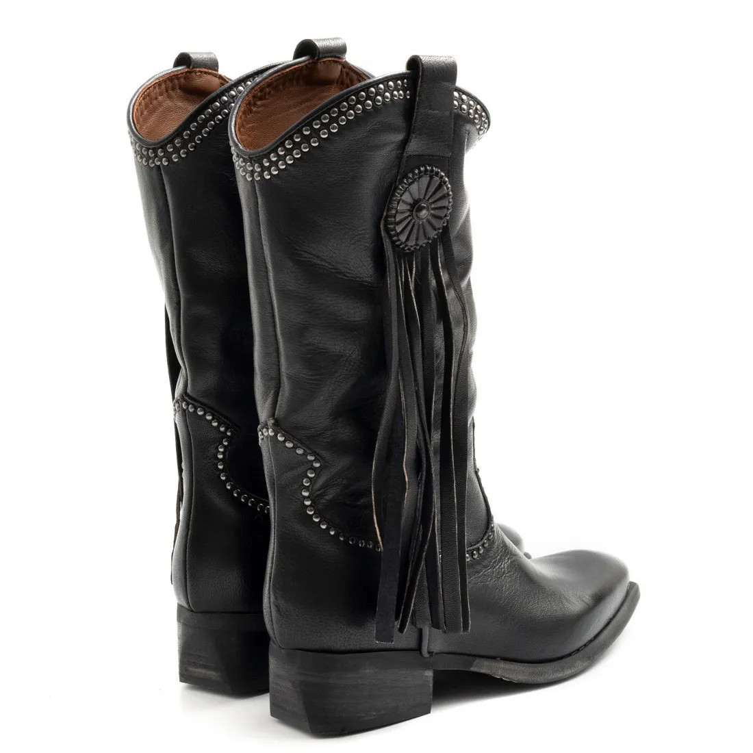 Stivali texani Zoe in pelle nera con borchie e frange