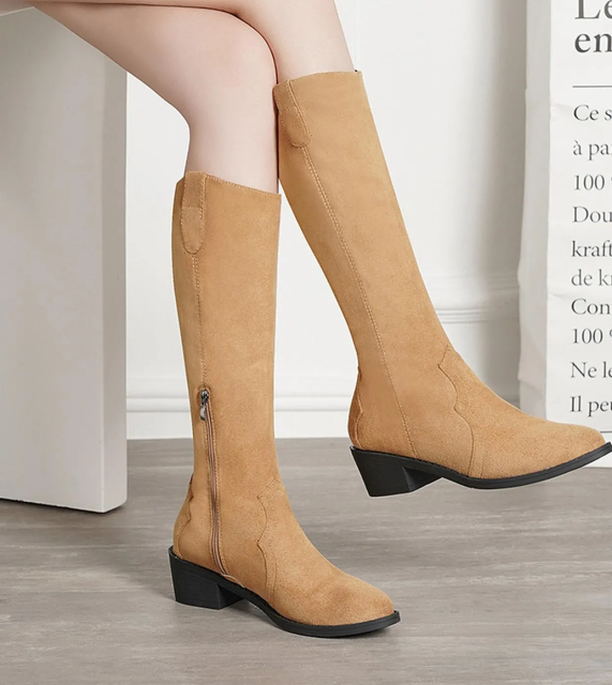 Stivali western con tacco grosso Stivali alti da cowboy in pelle scamosciata Punta femminile retrò Botas Mujer Qualità fatta a m