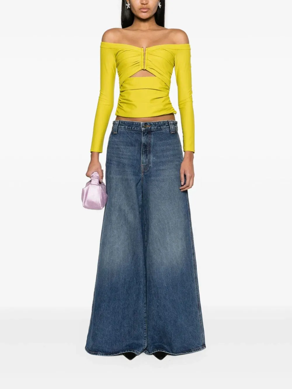 Top in jersey chartreuse con spalle scoperte