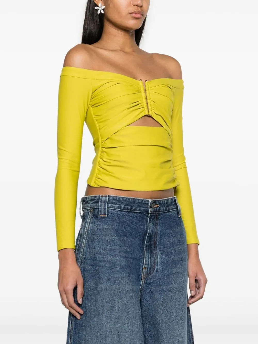 Top in jersey chartreuse con spalle scoperte