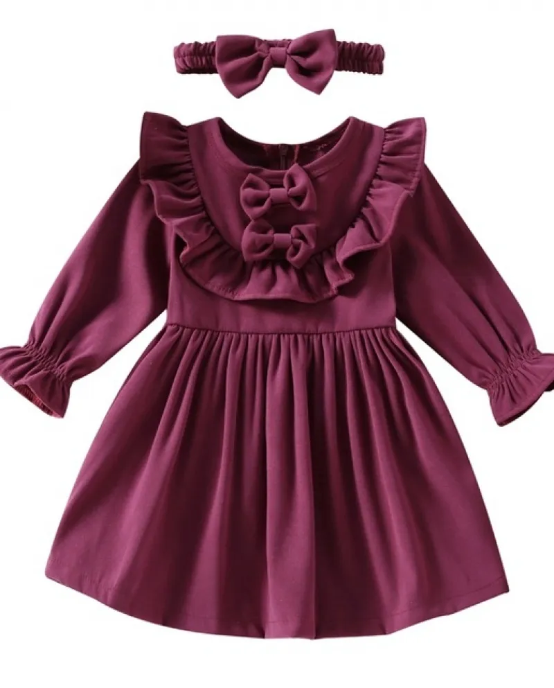 Vestito da bambina per bambina Vestito autunnale Tinta unita Bowknot Girocollo Manica lunga Ruffle A Line Dress Fascia per 1 6 a