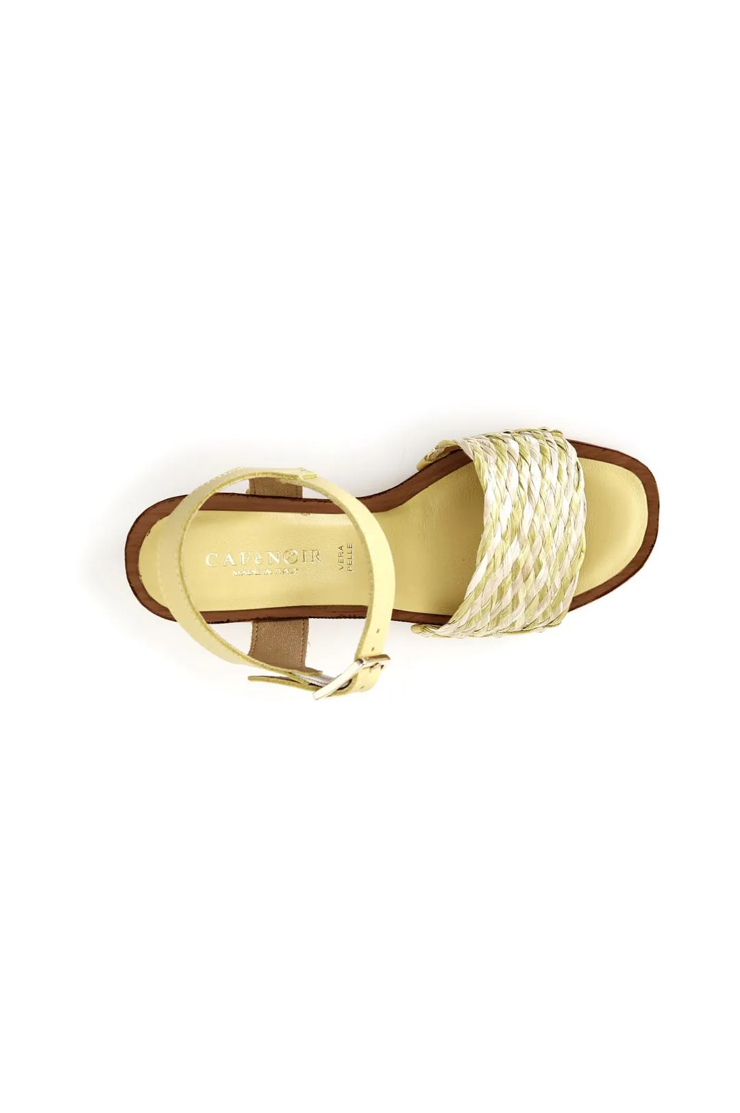 zoccoli con tacco in legno e fascia decorativa in rafia intrecciata bicolore multi giallo
