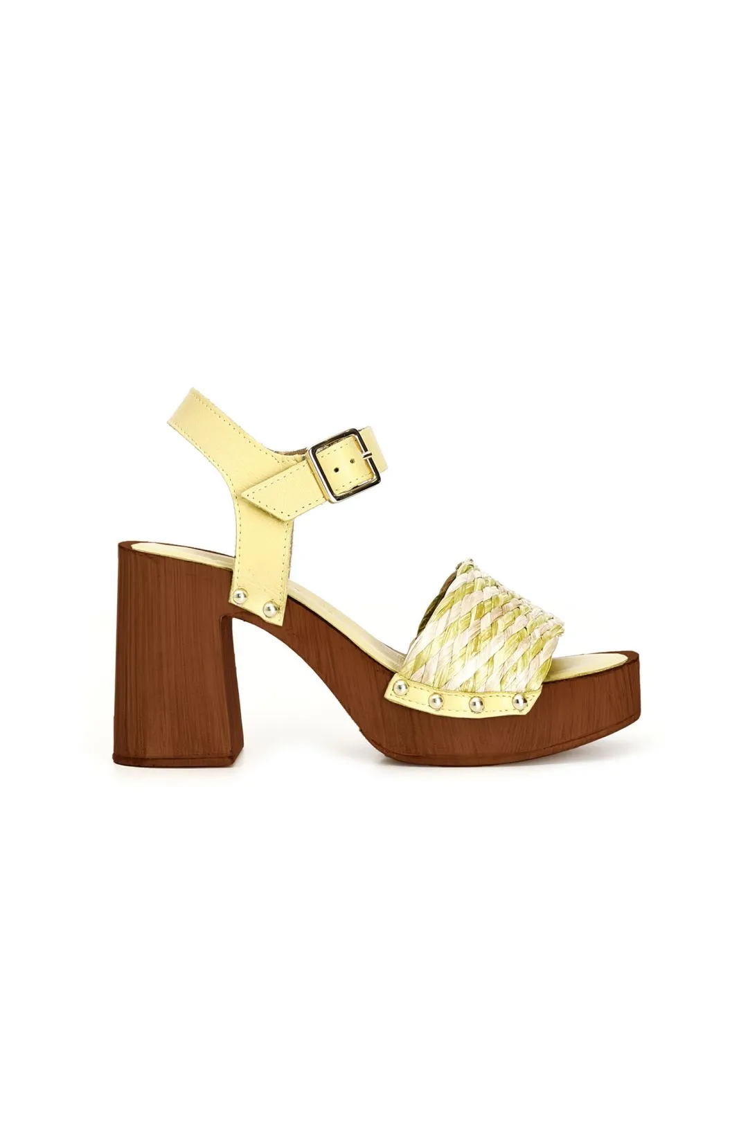 zoccoli con tacco in legno e fascia decorativa in rafia intrecciata bicolore multi giallo