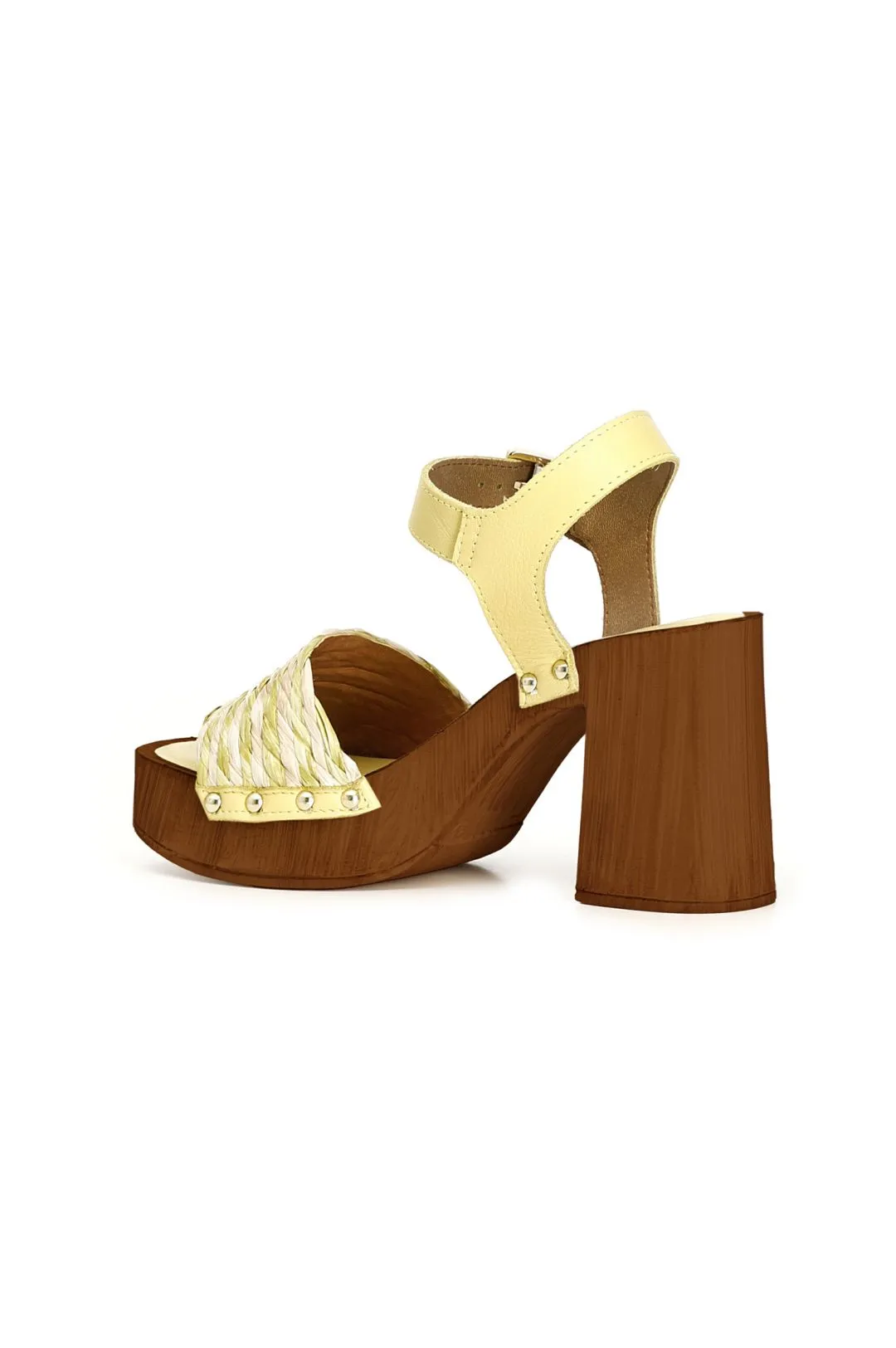 zoccoli con tacco in legno e fascia decorativa in rafia intrecciata bicolore multi giallo